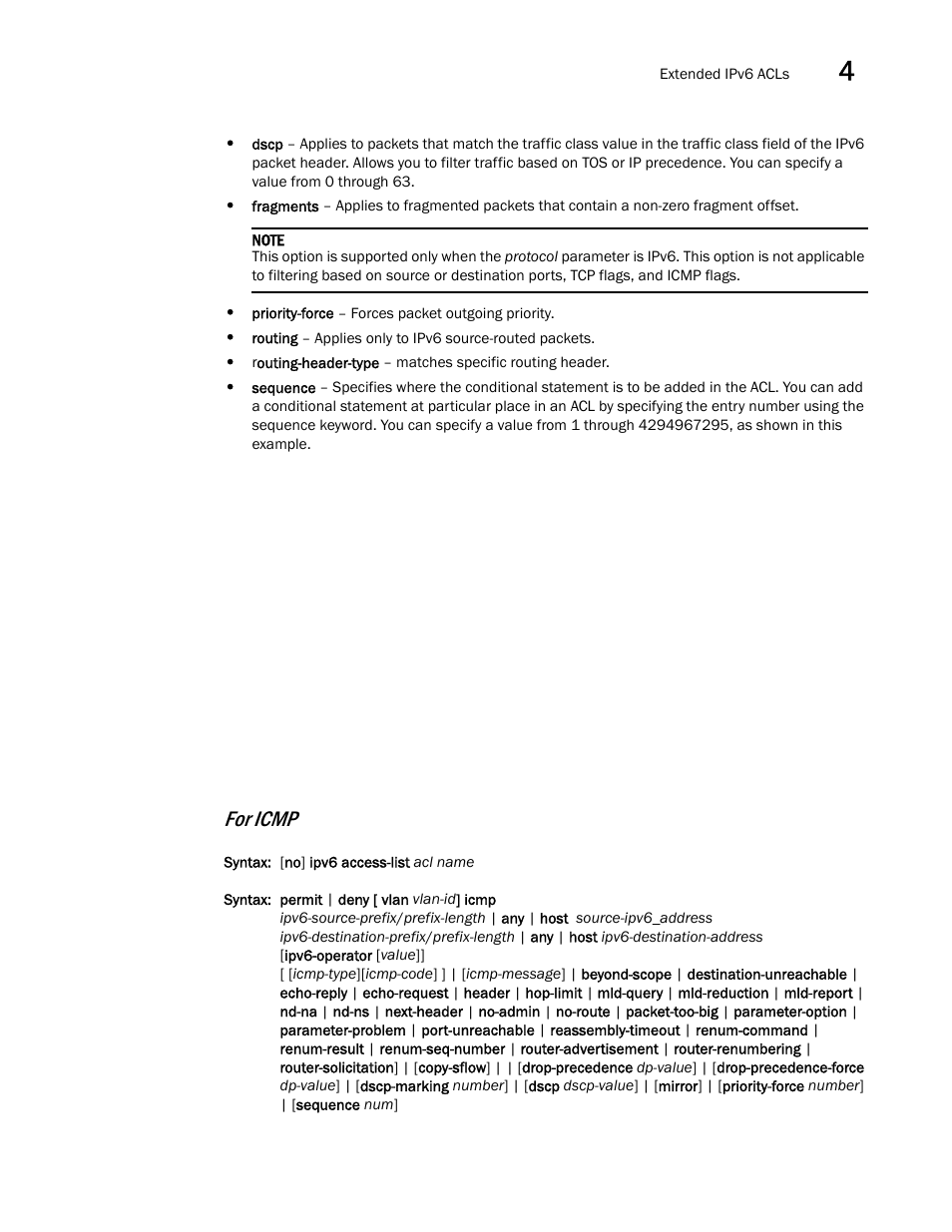 For icmp | Brocade Multi-Service IronWare Security Configuration Guide (Supporting R05.6.00) User Manual | Page 217 / 370