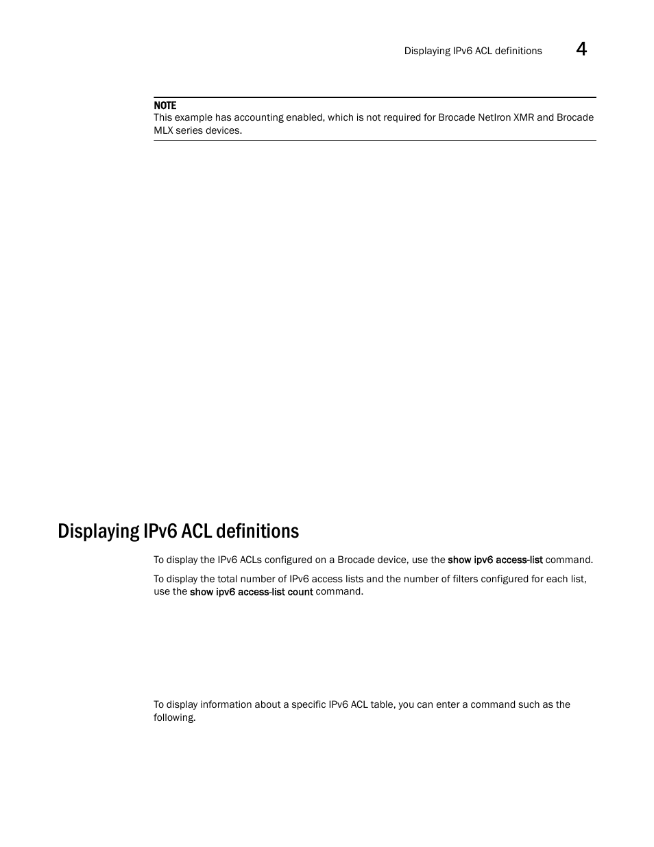 Displaying ipv6 acl definitions | Brocade Multi-Service IronWare Security Configuration Guide (Supporting R05.6.00) User Manual | Page 223 / 370