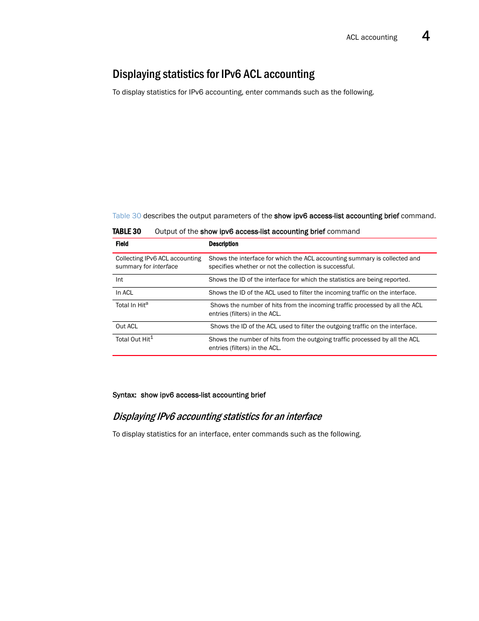 Displaying statistics for ipv6 acl accounting | Brocade Multi-Service IronWare Security Configuration Guide (Supporting R05.6.00) User Manual | Page 233 / 370