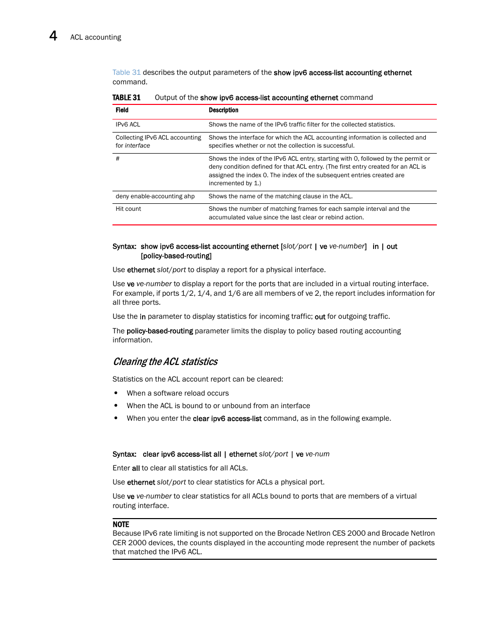 Clearing the acl statistics | Brocade Multi-Service IronWare Security Configuration Guide (Supporting R05.6.00) User Manual | Page 234 / 370