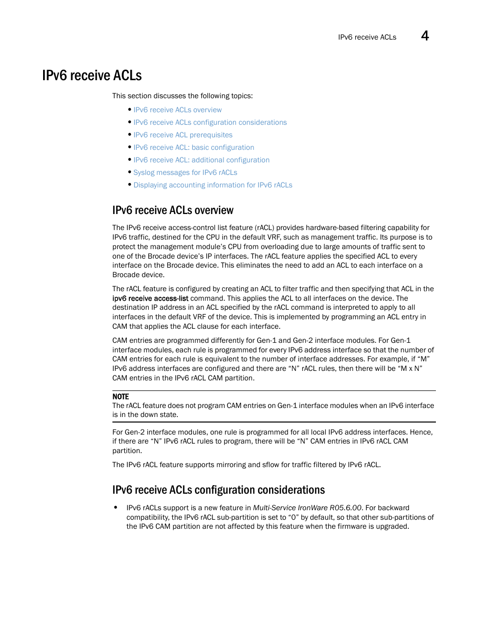 Ipv6 receive acls, Ipv6 receive acls overview, Ipv6 receive acls configuration considerations | Brocade Multi-Service IronWare Security Configuration Guide (Supporting R05.6.00) User Manual | Page 235 / 370