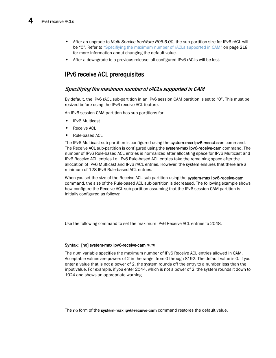 Ipv6 receive acl prerequisites | Brocade Multi-Service IronWare Security Configuration Guide (Supporting R05.6.00) User Manual | Page 236 / 370