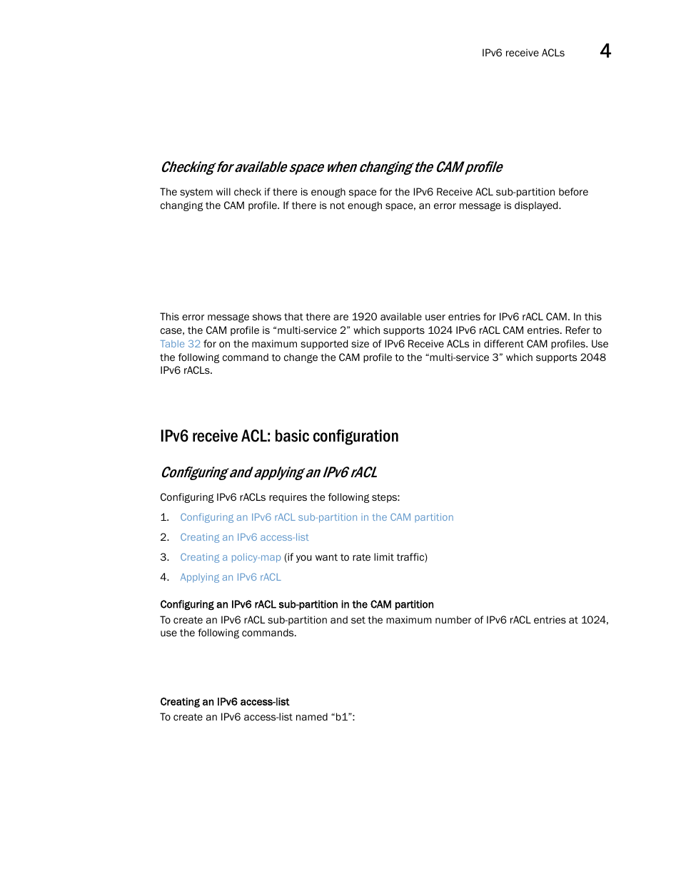 Ipv6 receive acl: basic configuration, Configuring and applying an ipv6 racl | Brocade Multi-Service IronWare Security Configuration Guide (Supporting R05.6.00) User Manual | Page 239 / 370