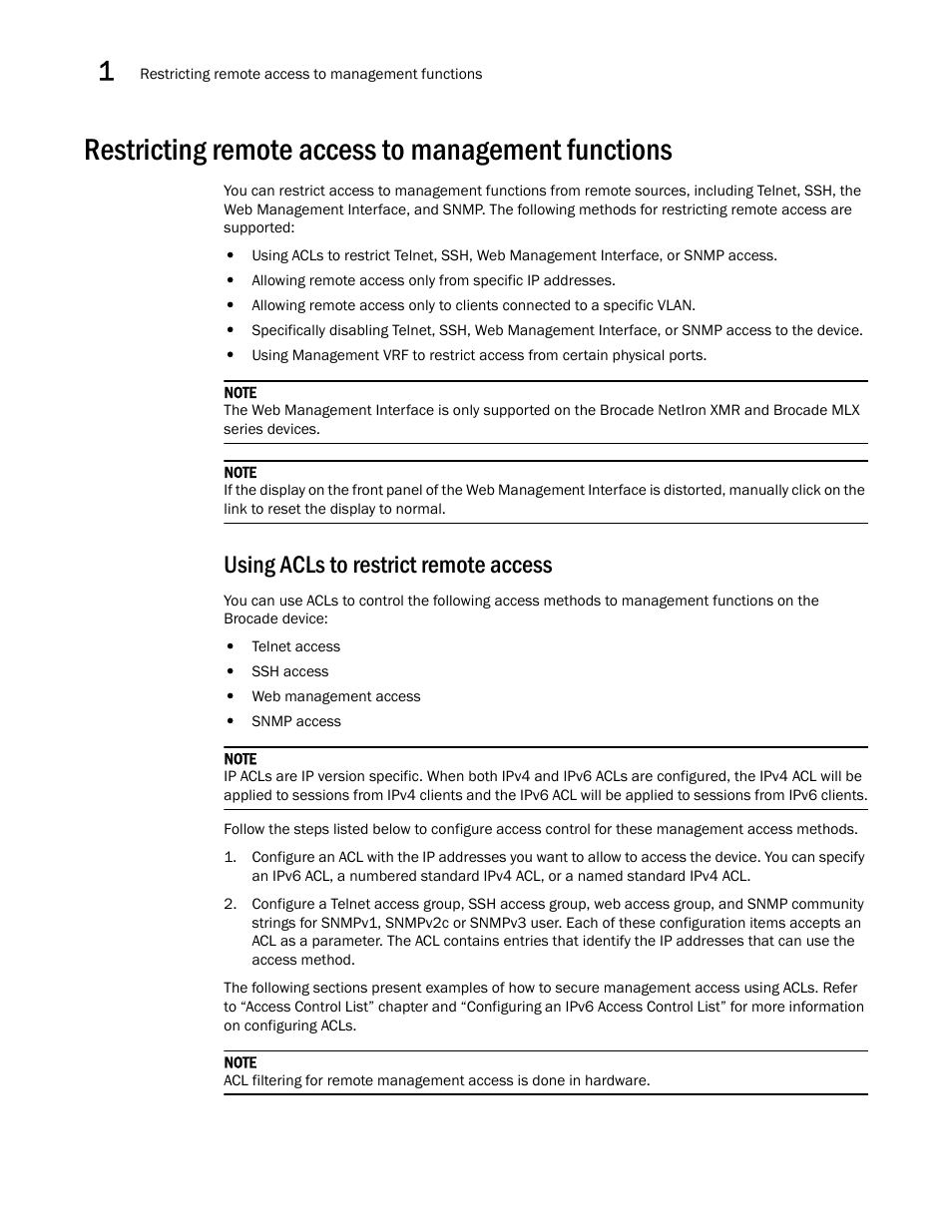 Restricting remote access to management functions, Using acls to restrict remote access | Brocade Multi-Service IronWare Security Configuration Guide (Supporting R05.6.00) User Manual | Page 24 / 370