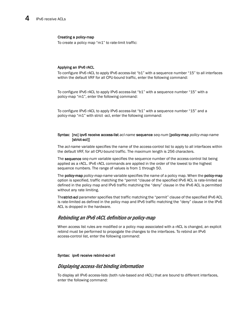 Creating a policy-map, Applying an ipv6 racl, Rebinding an ipv6 racl definition or policy-map | Displaying access-list binding information | Brocade Multi-Service IronWare Security Configuration Guide (Supporting R05.6.00) User Manual | Page 240 / 370