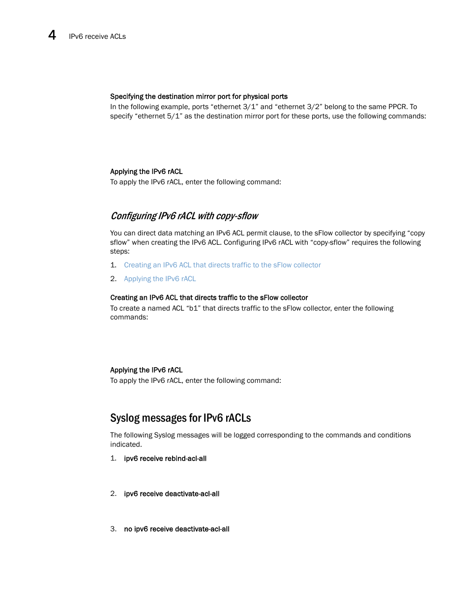 Syslog messages for ipv6 racls, Configuring ipv6 racl with copy-sflow | Brocade Multi-Service IronWare Security Configuration Guide (Supporting R05.6.00) User Manual | Page 242 / 370