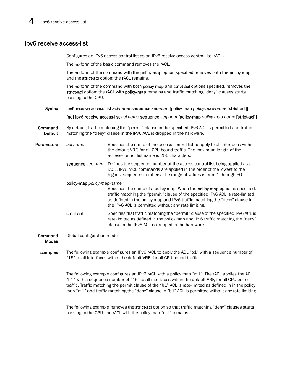 Ipv6 receive access-list | Brocade Multi-Service IronWare Security Configuration Guide (Supporting R05.6.00) User Manual | Page 246 / 370