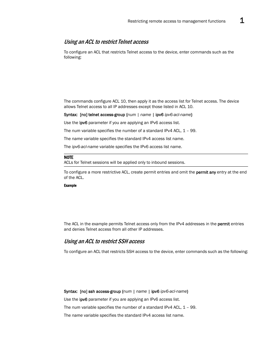 Using an acl to restrict telnet access, Using an acl to restrict ssh access | Brocade Multi-Service IronWare Security Configuration Guide (Supporting R05.6.00) User Manual | Page 25 / 370