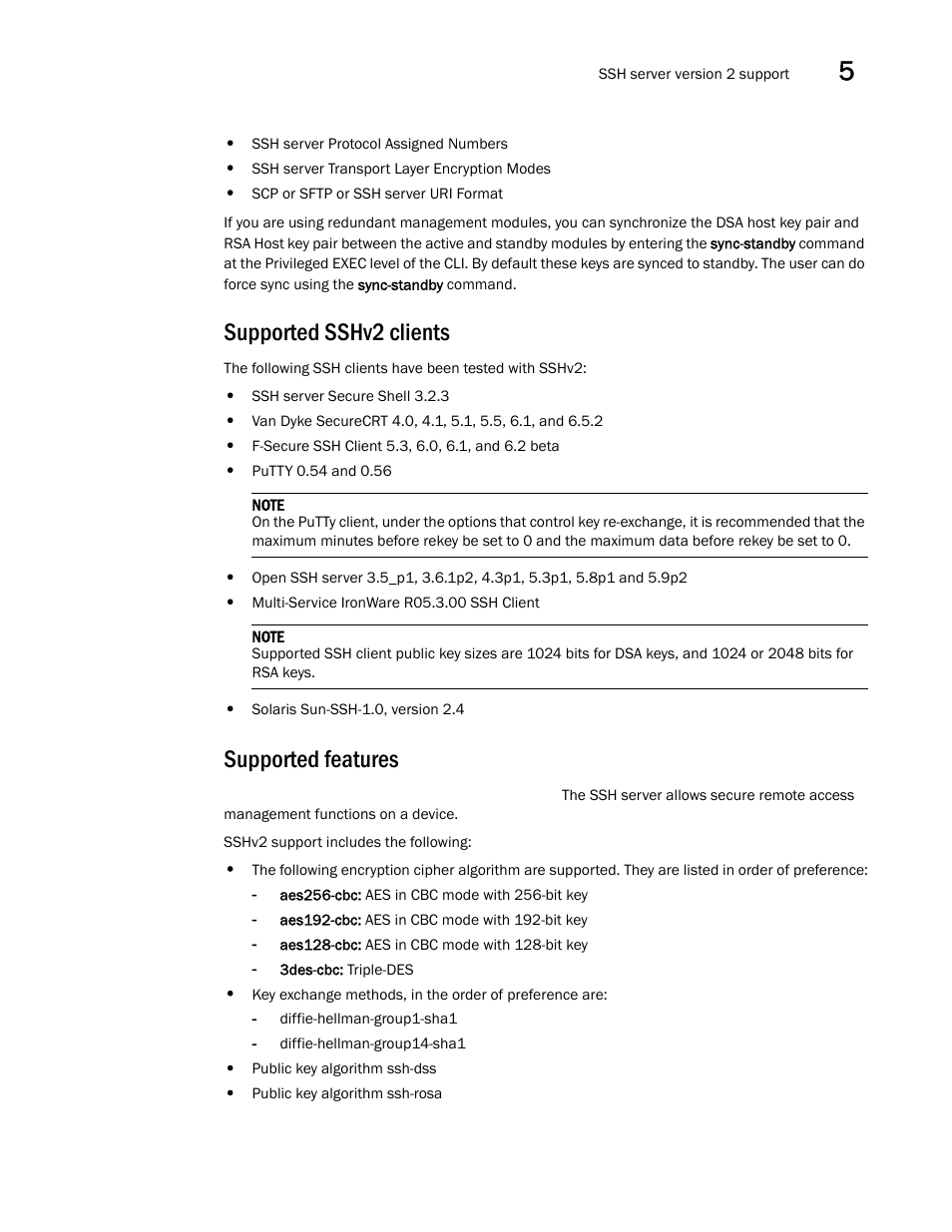 Supported sshv2 clients, Supported features | Brocade Multi-Service IronWare Security Configuration Guide (Supporting R05.6.00) User Manual | Page 257 / 370