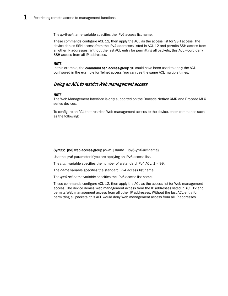 Using an acl to restrict web management access | Brocade Multi-Service IronWare Security Configuration Guide (Supporting R05.6.00) User Manual | Page 26 / 370