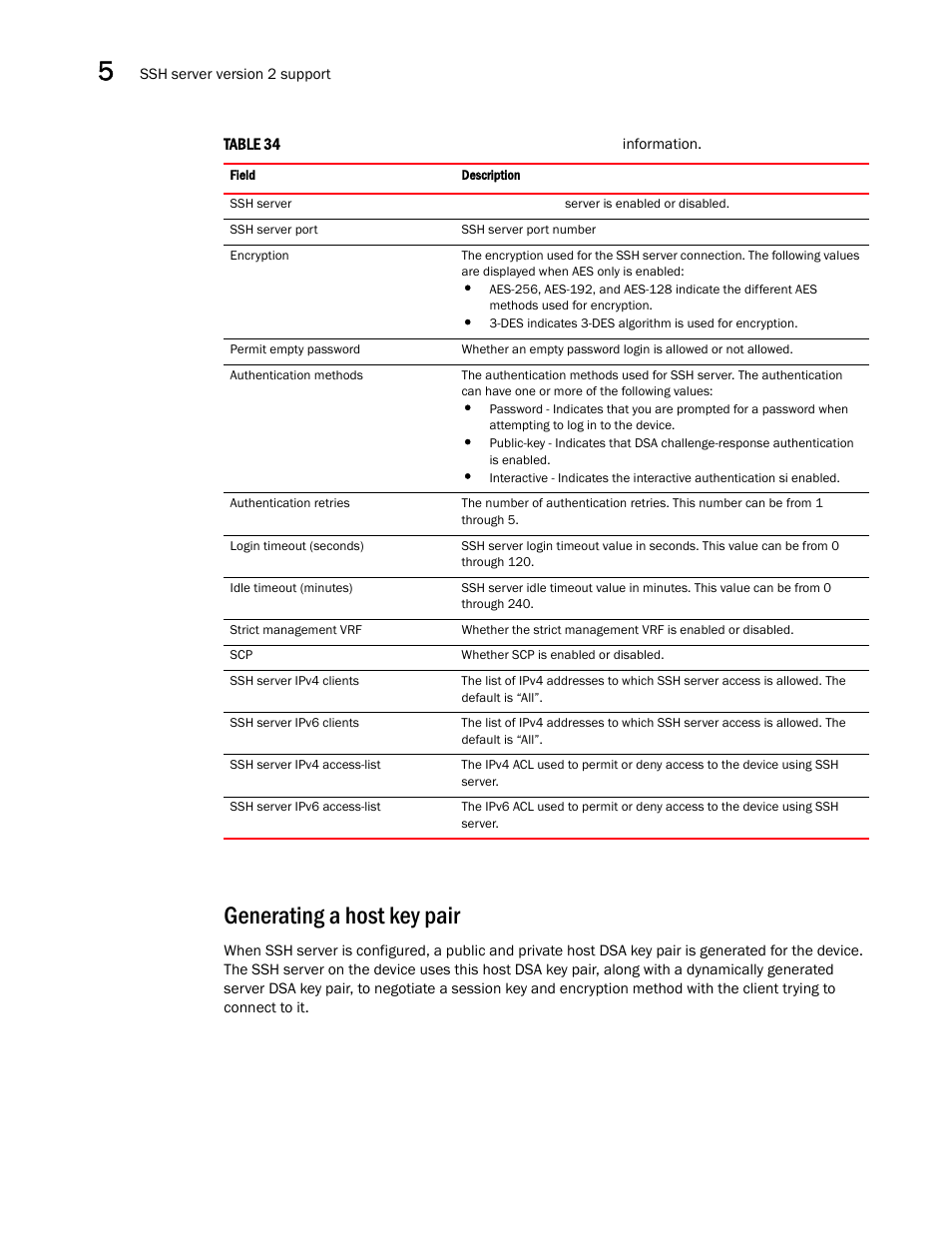 Generating a host key pair, Show ip ssh config command output information | Brocade Multi-Service IronWare Security Configuration Guide (Supporting R05.6.00) User Manual | Page 260 / 370