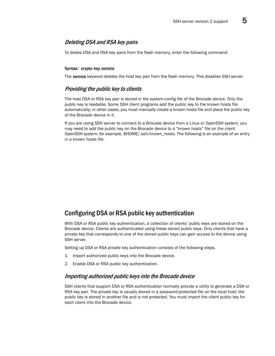 Configuring dsa or rsa public key authentication, Deleting dsa and rsa key pairs, Providing the public key to clients | Brocade Multi-Service IronWare Security Configuration Guide (Supporting R05.6.00) User Manual | Page 263 / 370