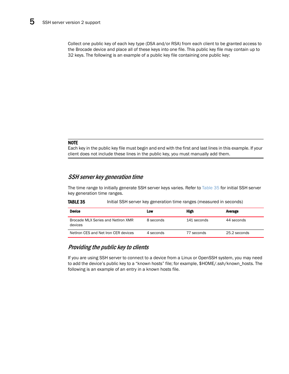 Ssh server key generation time, Providing the public key to clients | Brocade Multi-Service IronWare Security Configuration Guide (Supporting R05.6.00) User Manual | Page 264 / 370