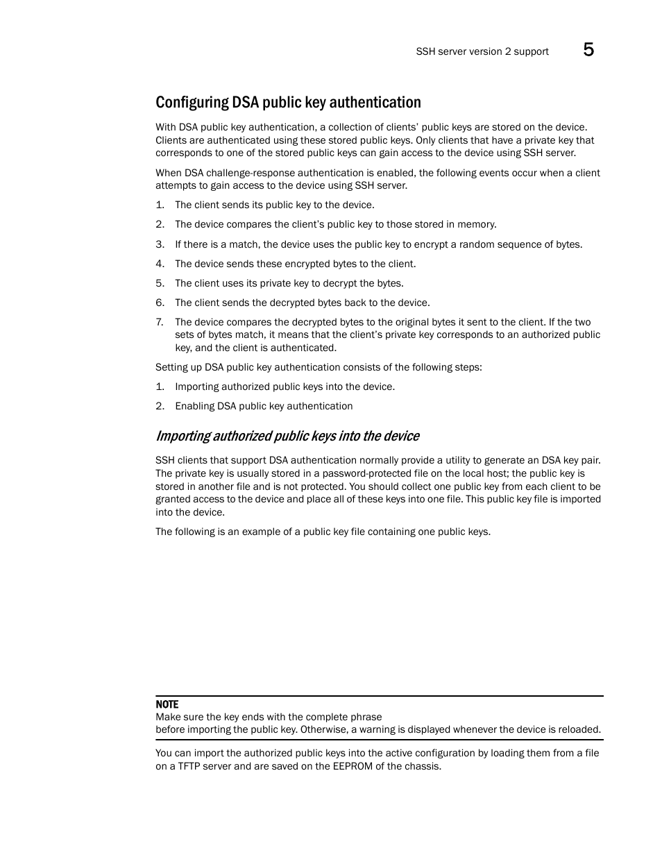 Configuring dsa public key authentication, Importing authorized public keys into the device | Brocade Multi-Service IronWare Security Configuration Guide (Supporting R05.6.00) User Manual | Page 265 / 370