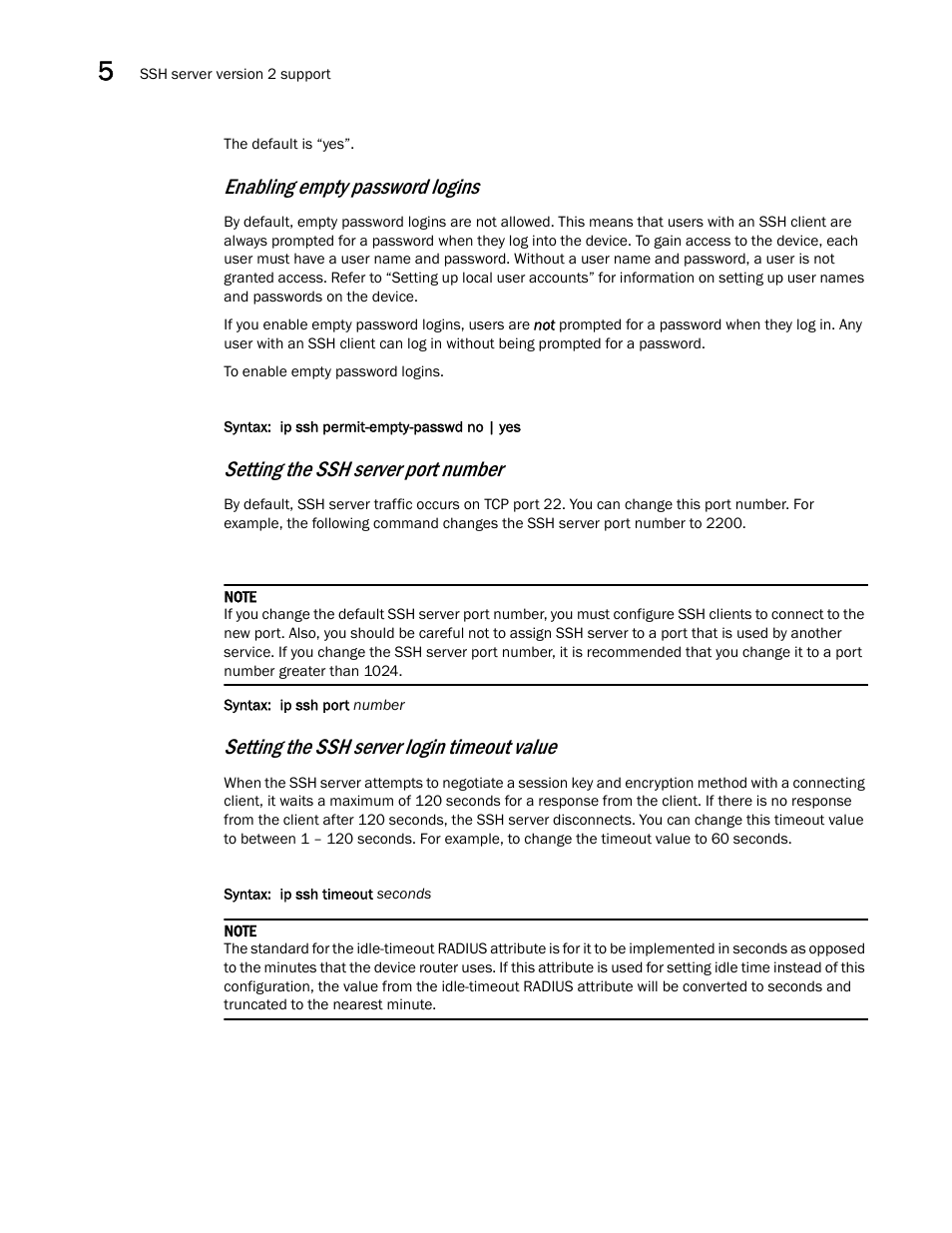 Enabling empty password logins, Setting the ssh server port number, Setting the ssh server login timeout value | Brocade Multi-Service IronWare Security Configuration Guide (Supporting R05.6.00) User Manual | Page 268 / 370