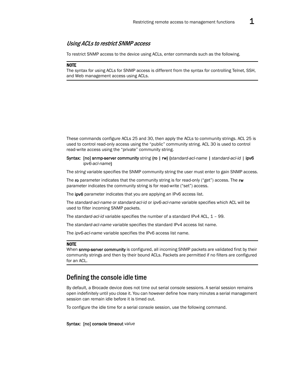 Defining the console idle time, Using acls to restrict snmp access | Brocade Multi-Service IronWare Security Configuration Guide (Supporting R05.6.00) User Manual | Page 27 / 370