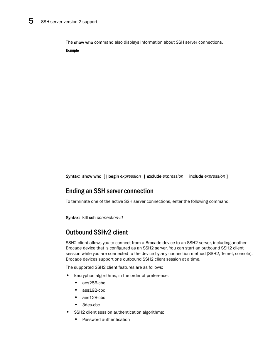 Ending an ssh server connection, Outbound sshv2 client | Brocade Multi-Service IronWare Security Configuration Guide (Supporting R05.6.00) User Manual | Page 272 / 370