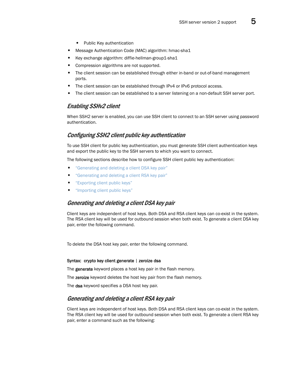 Enabling sshv2 client, Configuring ssh2 client public key authentication, Generating and deleting a client dsa key pair | Generating and deleting a client rsa key pair | Brocade Multi-Service IronWare Security Configuration Guide (Supporting R05.6.00) User Manual | Page 273 / 370