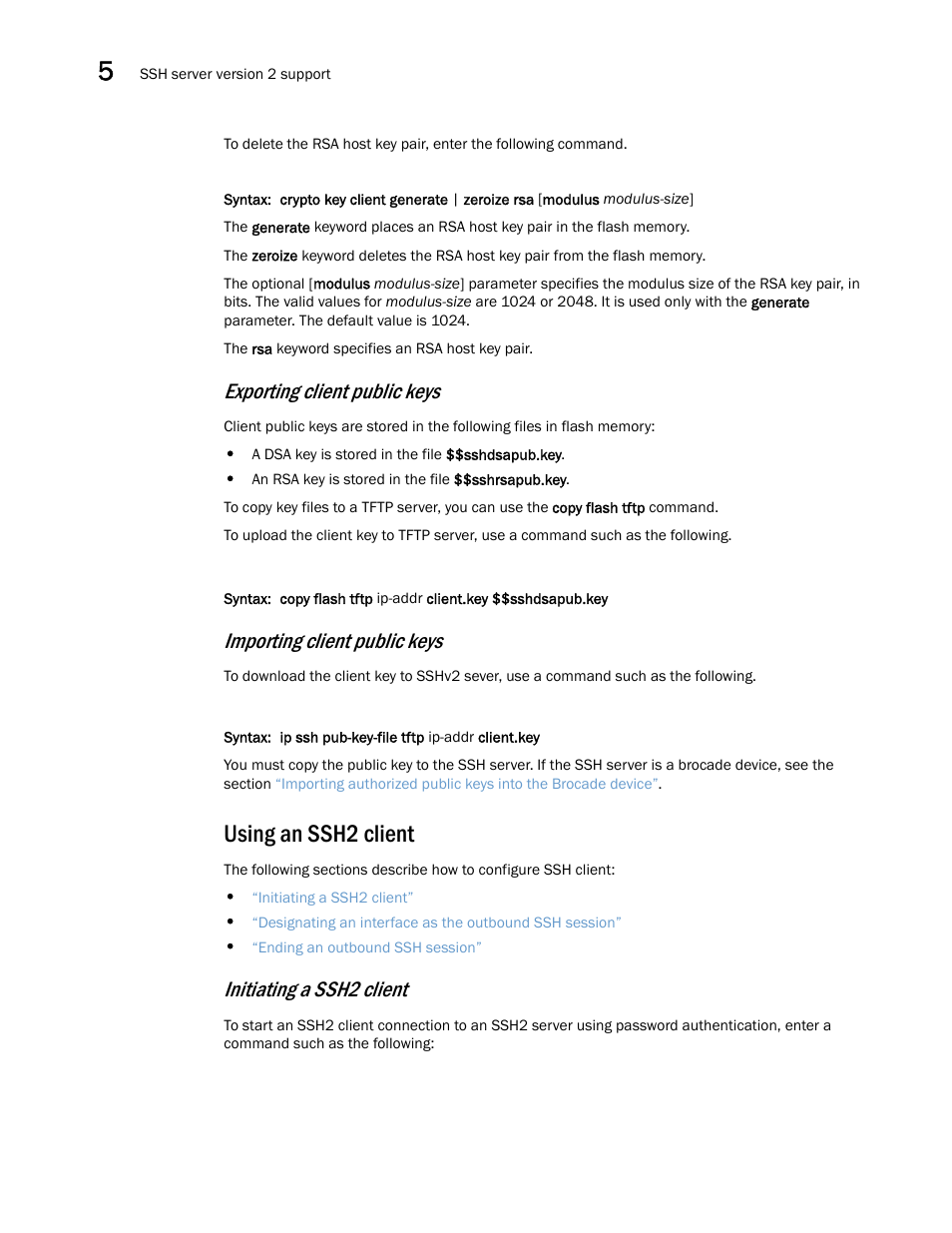 Using an ssh2 client, Exporting client public keys, Importing client public keys | Initiating a ssh2 client | Brocade Multi-Service IronWare Security Configuration Guide (Supporting R05.6.00) User Manual | Page 274 / 370