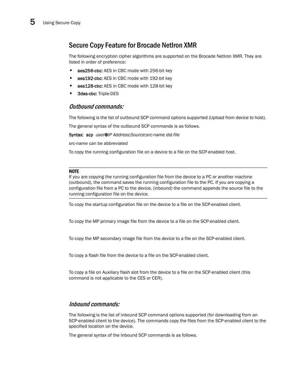 Secure copy feature for brocade netiron xmr, Outbound commands, Inbound commands | Brocade Multi-Service IronWare Security Configuration Guide (Supporting R05.6.00) User Manual | Page 278 / 370