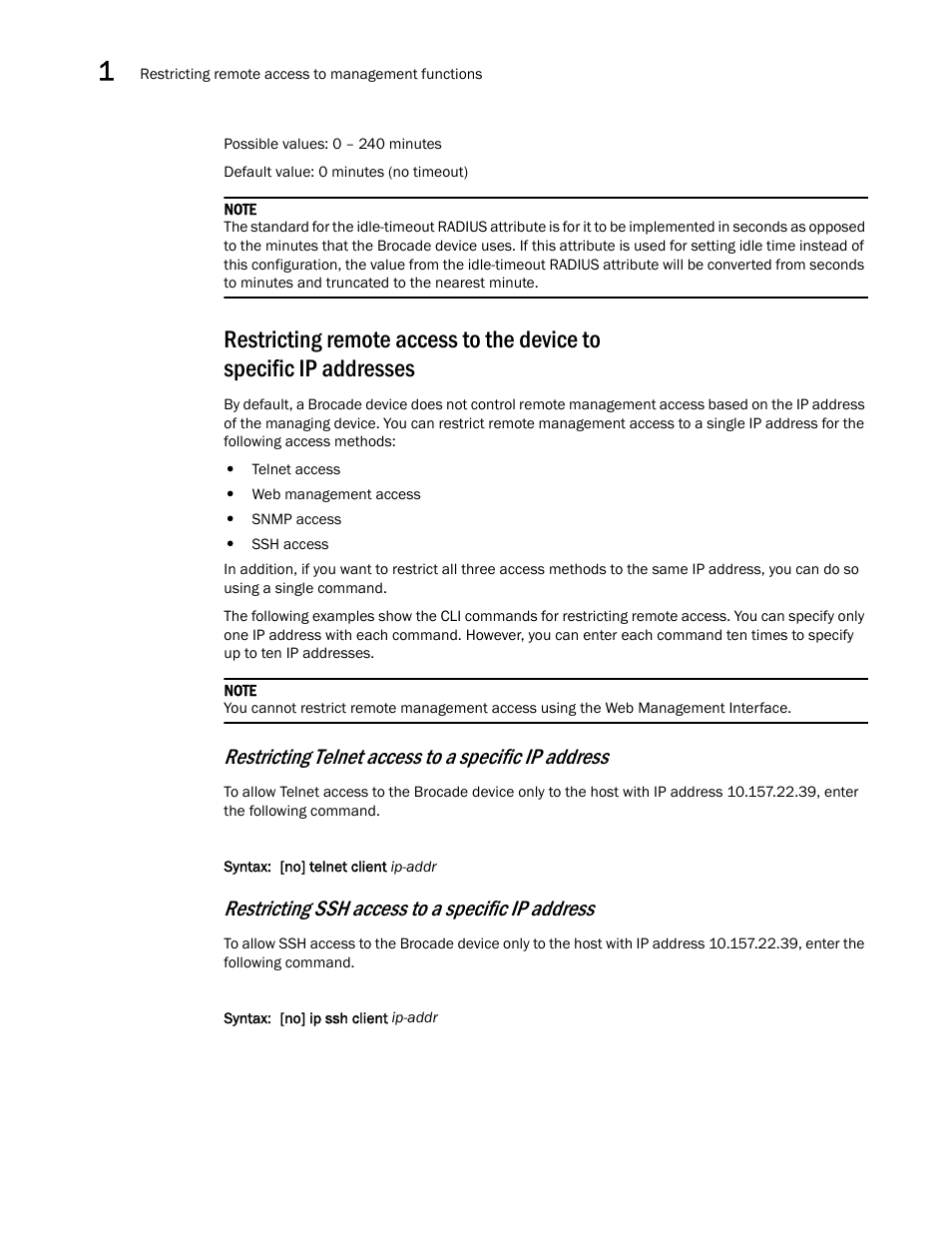 Restricting telnet access to a specific ip address, Restricting ssh access to a specific ip address | Brocade Multi-Service IronWare Security Configuration Guide (Supporting R05.6.00) User Manual | Page 28 / 370