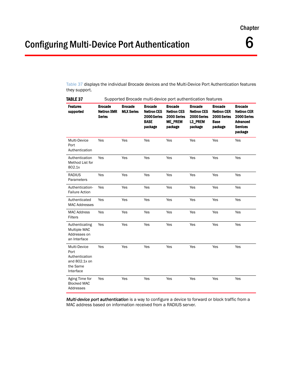 Configuring multi-device port authentication, Chapter 6, Chapter | Brocade Multi-Service IronWare Security Configuration Guide (Supporting R05.6.00) User Manual | Page 287 / 370