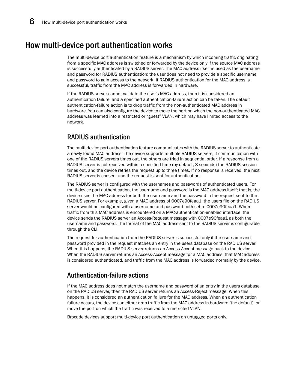 How multi-device port authentication works, Radius authentication, Authentication-failure actions | Brocade Multi-Service IronWare Security Configuration Guide (Supporting R05.6.00) User Manual | Page 288 / 370