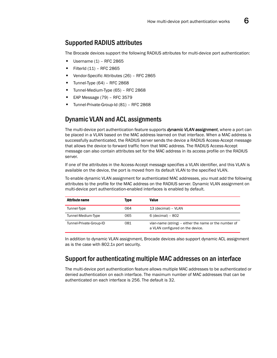 Supported radius attributes, Dynamic vlan and acl assignments | Brocade Multi-Service IronWare Security Configuration Guide (Supporting R05.6.00) User Manual | Page 289 / 370