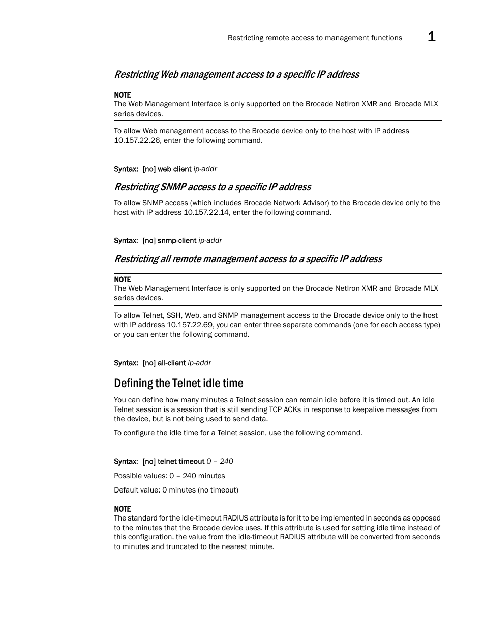Defining the telnet idle time, Restricting snmp access to a specific ip address | Brocade Multi-Service IronWare Security Configuration Guide (Supporting R05.6.00) User Manual | Page 29 / 370