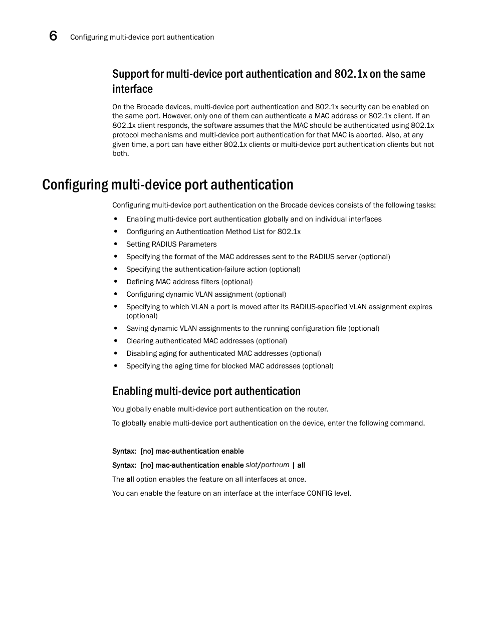 Configuring multi-device port authentication, Enabling multi-device port authentication | Brocade Multi-Service IronWare Security Configuration Guide (Supporting R05.6.00) User Manual | Page 290 / 370