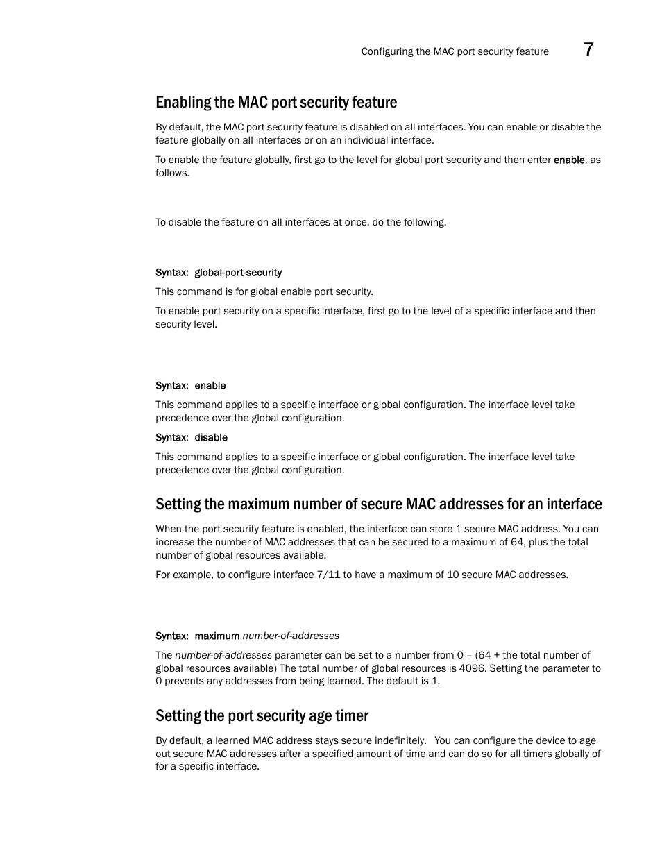 Enabling the mac port security feature, Setting the port security age timer | Brocade Multi-Service IronWare Security Configuration Guide (Supporting R05.6.00) User Manual | Page 305 / 370