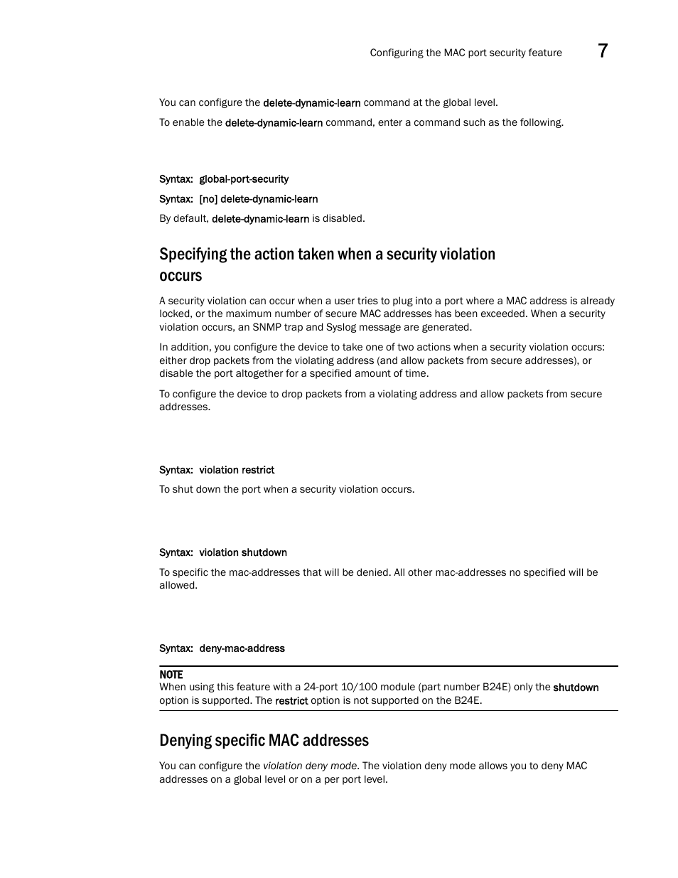 Denying specific mac addresses | Brocade Multi-Service IronWare Security Configuration Guide (Supporting R05.6.00) User Manual | Page 307 / 370