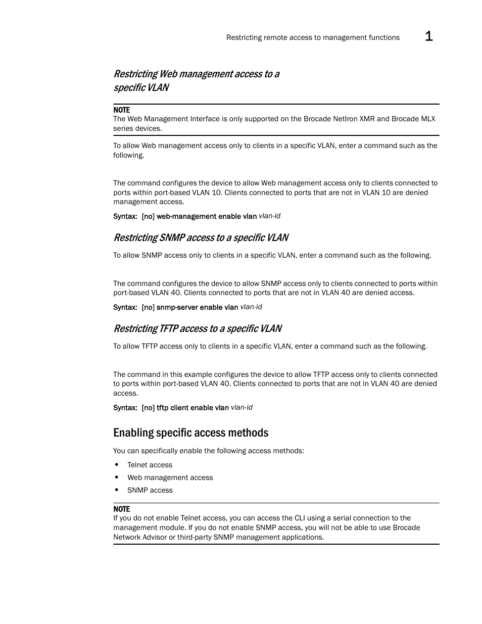 Enabling specific access methods, Restricting snmp access to a specific vlan, Restricting tftp access to a specific vlan | Brocade Multi-Service IronWare Security Configuration Guide (Supporting R05.6.00) User Manual | Page 31 / 370