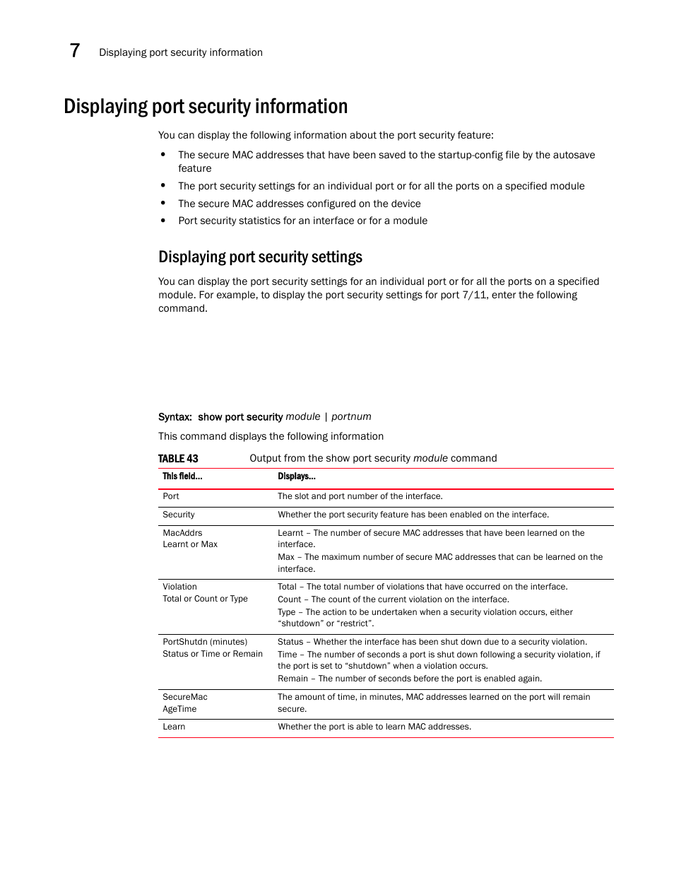 Displaying port security information, Displaying port security settings | Brocade Multi-Service IronWare Security Configuration Guide (Supporting R05.6.00) User Manual | Page 310 / 370