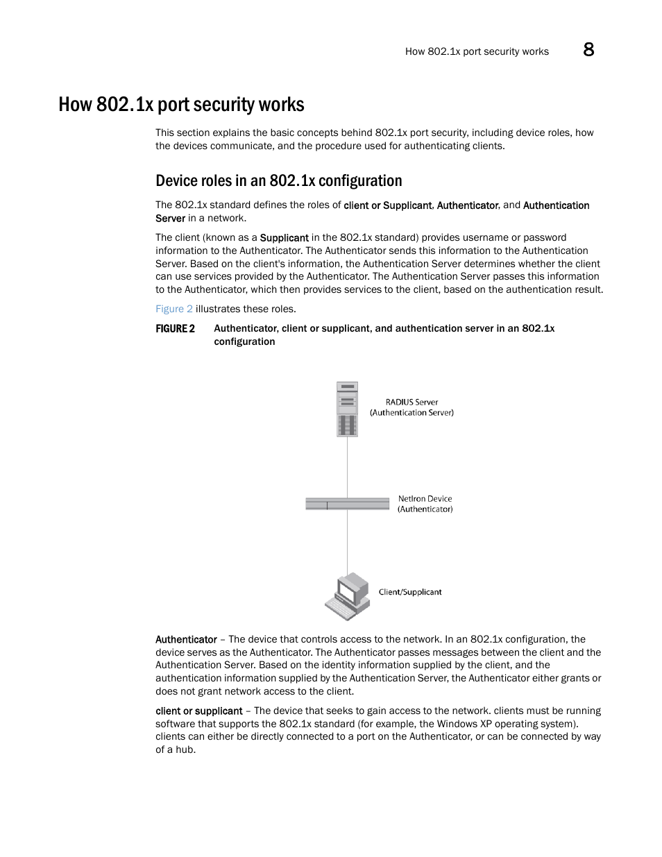 How 802.1x port security works, Device roles in an 802.1x configuration | Brocade Multi-Service IronWare Security Configuration Guide (Supporting R05.6.00) User Manual | Page 315 / 370