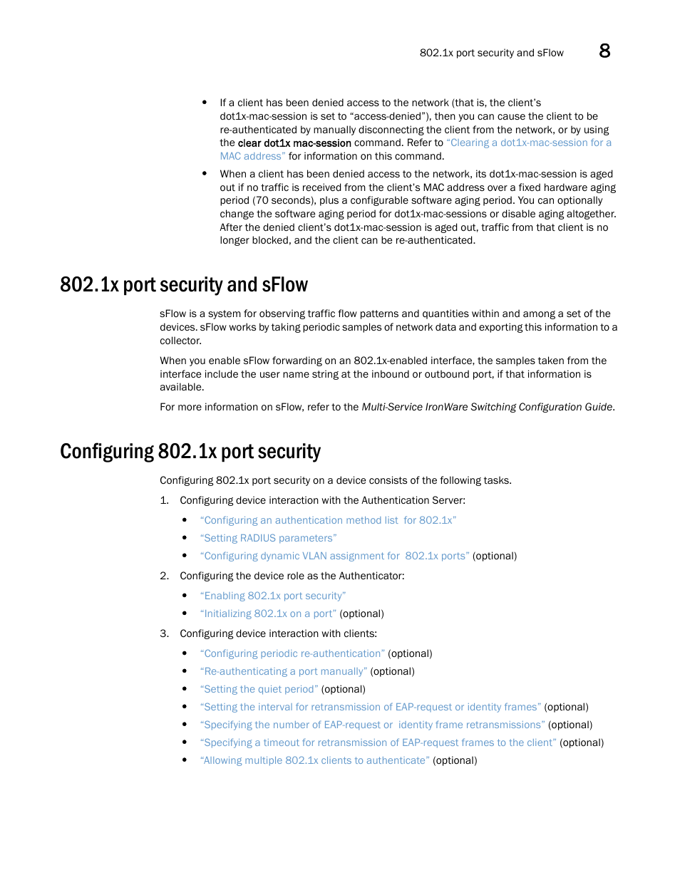 1x port security and sflow, Configuring 802.1x port security | Brocade Multi-Service IronWare Security Configuration Guide (Supporting R05.6.00) User Manual | Page 321 / 370