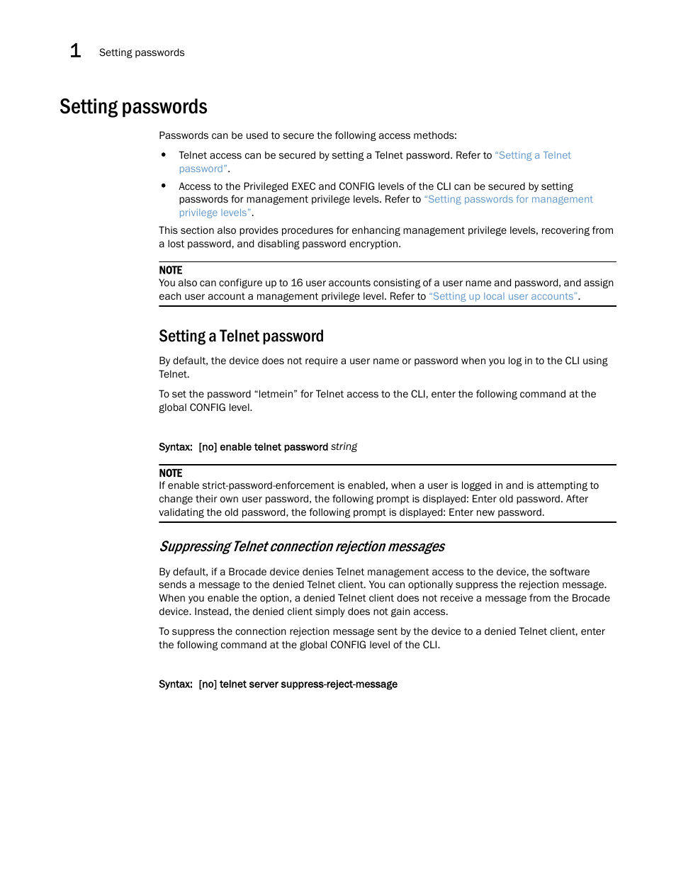 Setting passwords, Setting a telnet password, Suppressing telnet connection rejection messages | Brocade Multi-Service IronWare Security Configuration Guide (Supporting R05.6.00) User Manual | Page 34 / 370