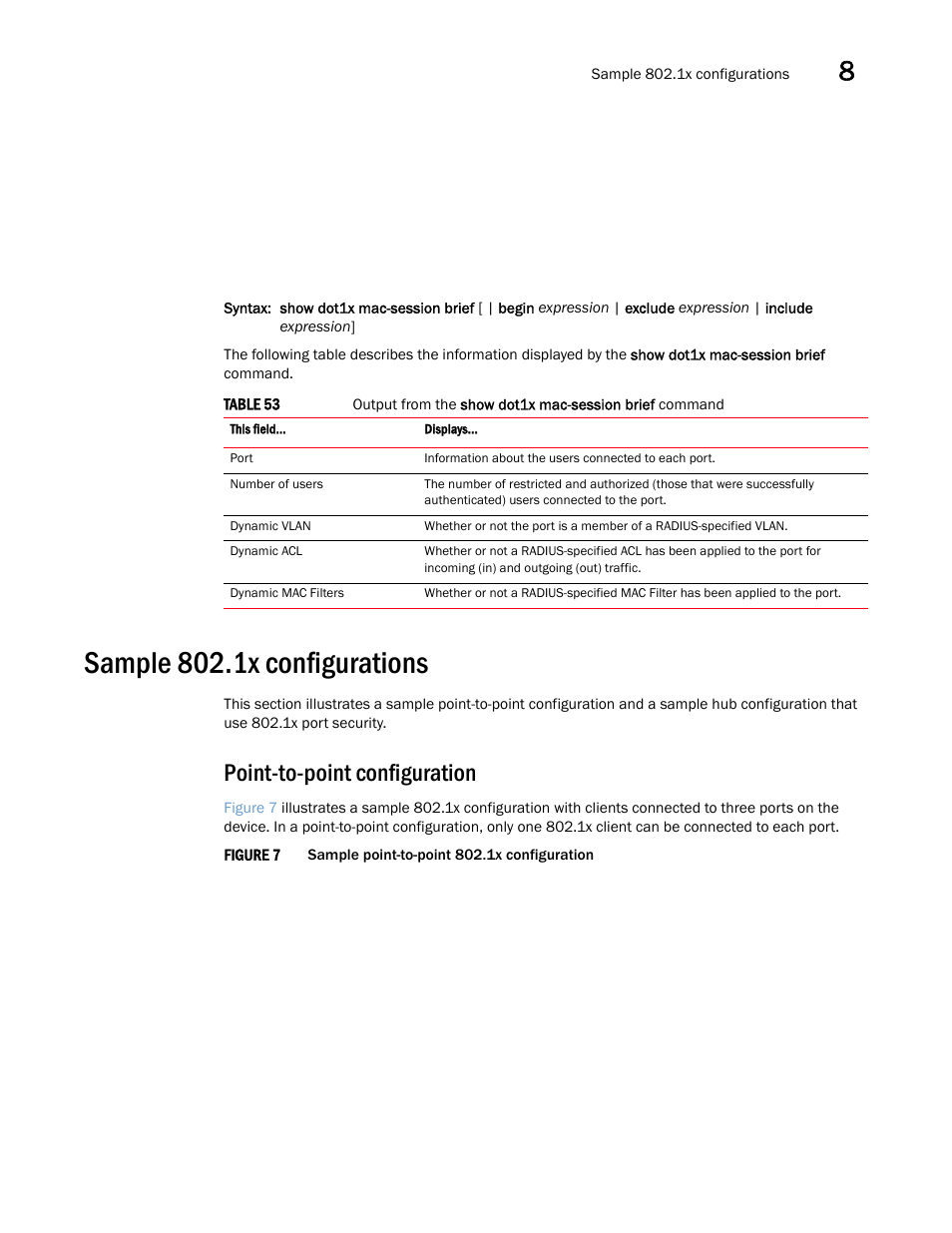 Sample 802.1x configurations, Point-to-point configuration | Brocade Multi-Service IronWare Security Configuration Guide (Supporting R05.6.00) User Manual | Page 341 / 370