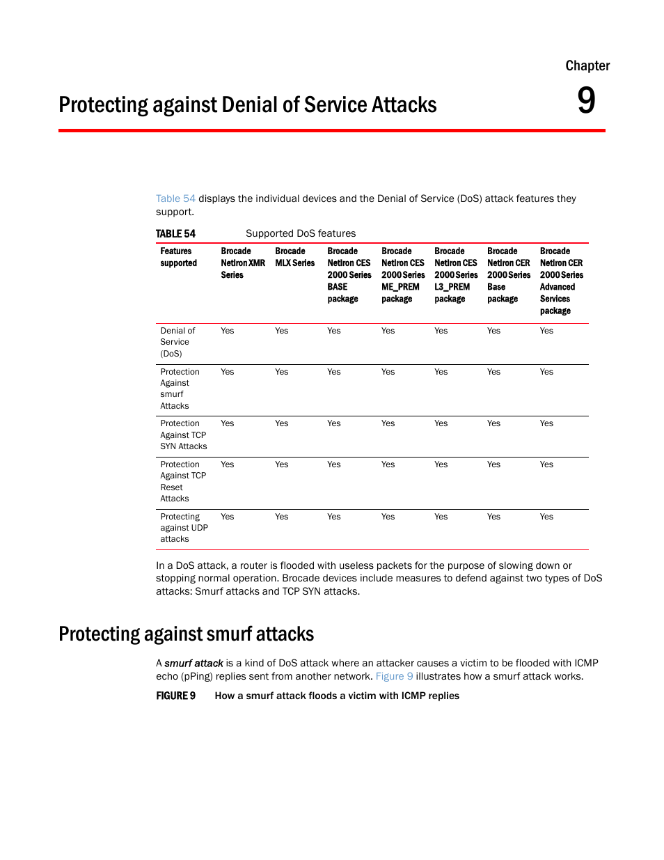 Protecting against denial of service attacks, Protecting against smurf attacks, Chapter 9 | Chapter | Brocade Multi-Service IronWare Security Configuration Guide (Supporting R05.6.00) User Manual | Page 345 / 370