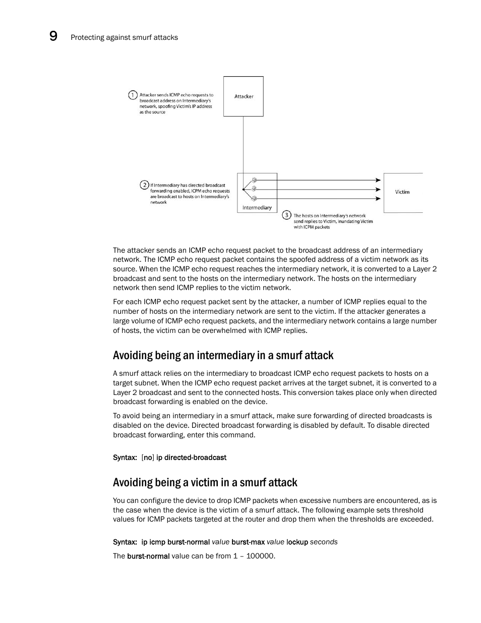 Avoiding being an intermediary in a smurf attack, Avoiding being a victim in a smurf attack | Brocade Multi-Service IronWare Security Configuration Guide (Supporting R05.6.00) User Manual | Page 346 / 370