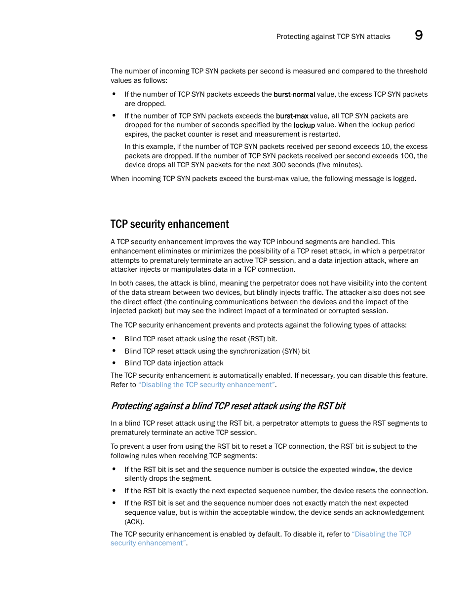 Tcp security enhancement | Brocade Multi-Service IronWare Security Configuration Guide (Supporting R05.6.00) User Manual | Page 349 / 370