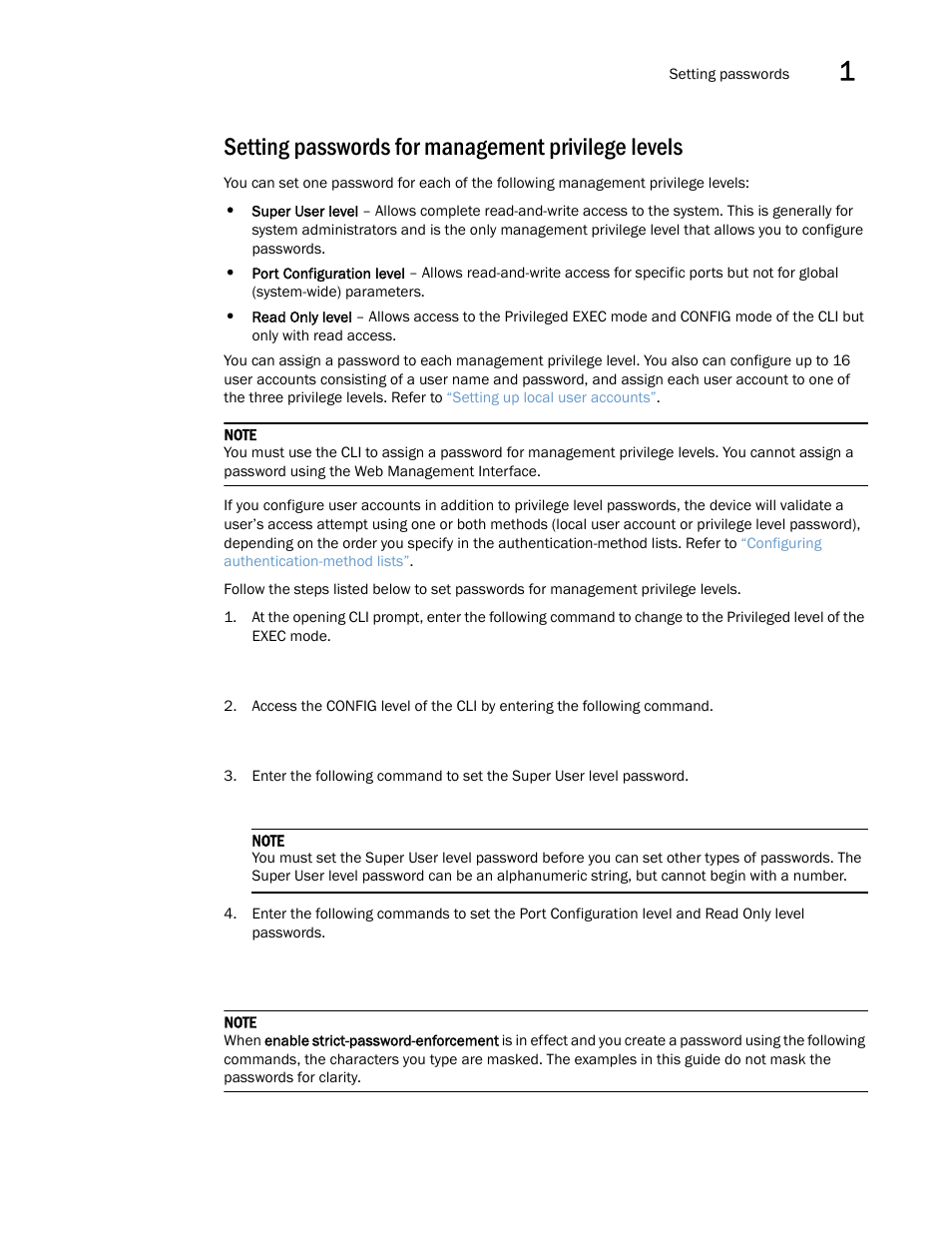 Setting passwords for management privilege levels, Setting passwords for management, Privilege levels | Brocade Multi-Service IronWare Security Configuration Guide (Supporting R05.6.00) User Manual | Page 35 / 370