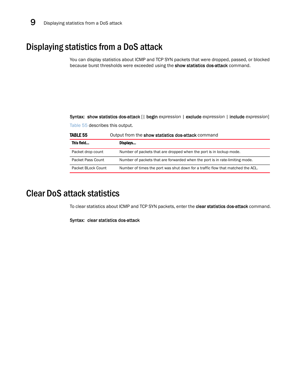Displaying statistics from a dos attack, Clear dos attack statistics | Brocade Multi-Service IronWare Security Configuration Guide (Supporting R05.6.00) User Manual | Page 352 / 370