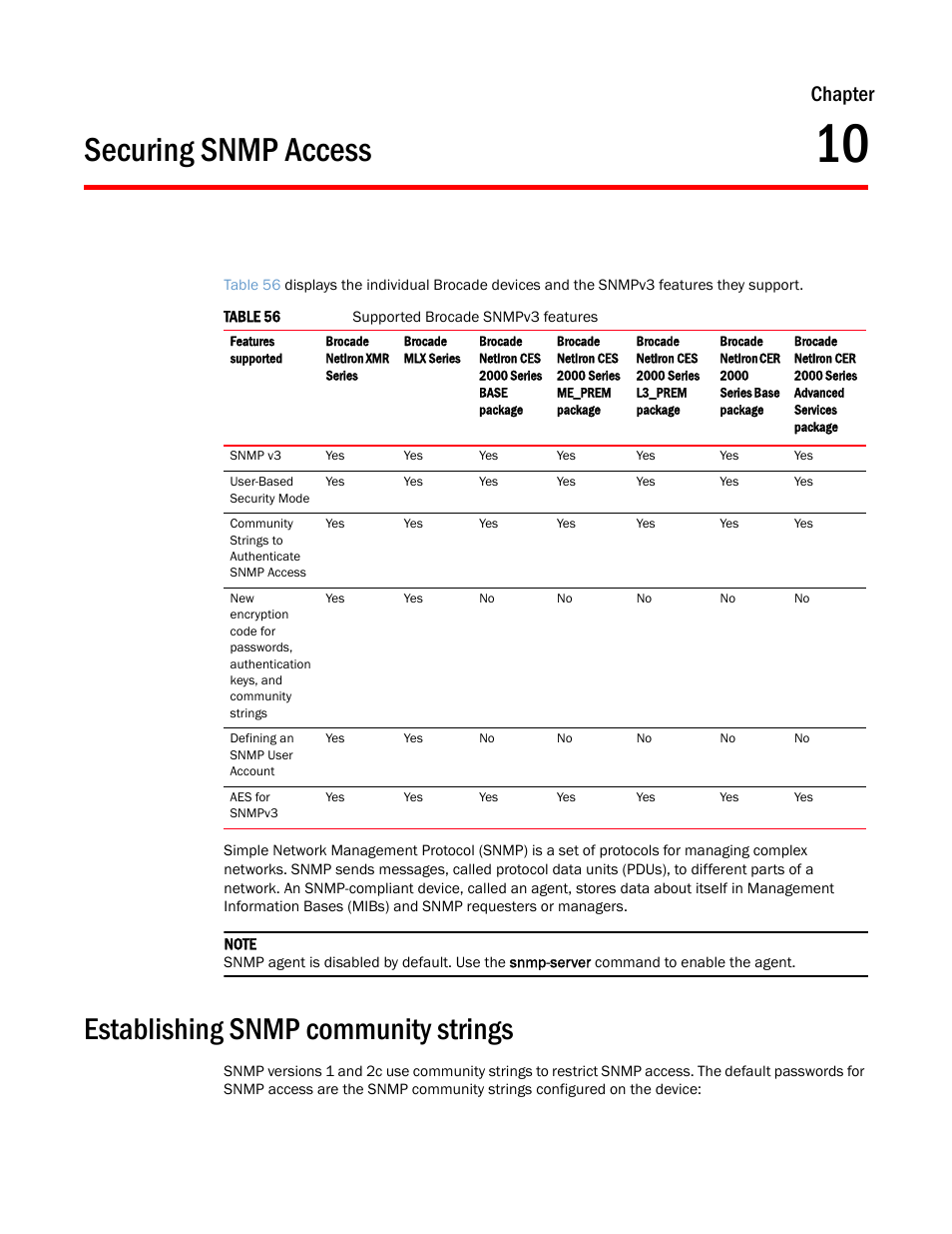 Securing snmp access, Establishing snmp community strings, Chapter 10 | Chapter | Brocade Multi-Service IronWare Security Configuration Guide (Supporting R05.6.00) User Manual | Page 353 / 370