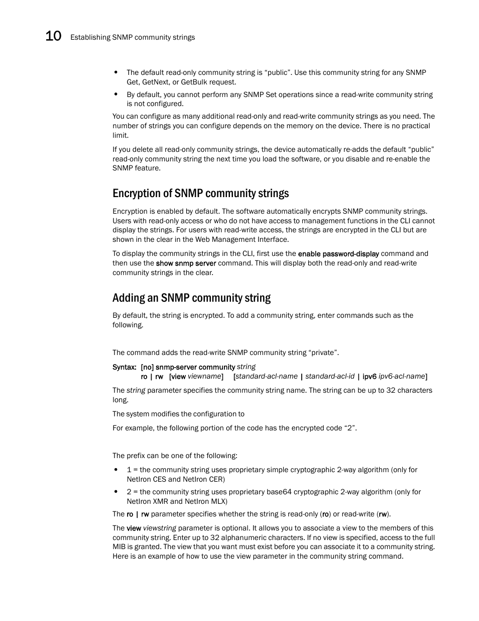 Encryption of snmp community strings, Adding an snmp community string | Brocade Multi-Service IronWare Security Configuration Guide (Supporting R05.6.00) User Manual | Page 354 / 370