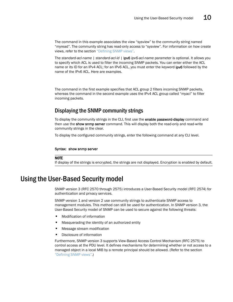 Displaying the snmp community strings, Using the user-based security model | Brocade Multi-Service IronWare Security Configuration Guide (Supporting R05.6.00) User Manual | Page 355 / 370