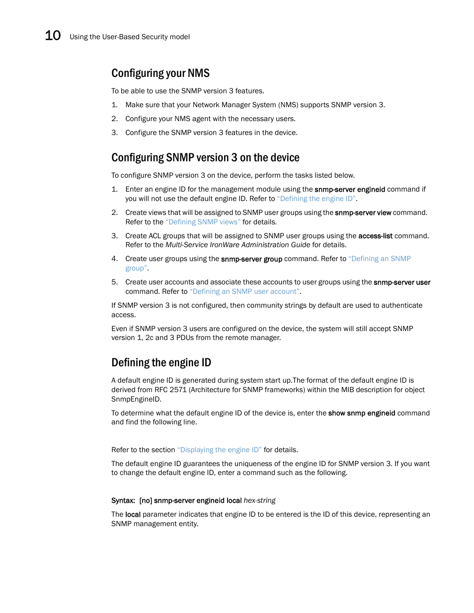 Configuring your nms, Configuring snmp version 3 on the device, Defining the engine id | Brocade Multi-Service IronWare Security Configuration Guide (Supporting R05.6.00) User Manual | Page 356 / 370