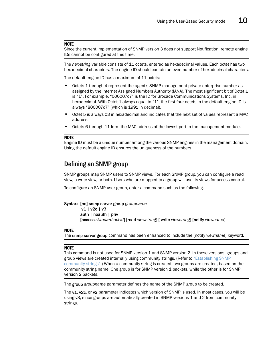 Defining an snmp group, Defining an snmp, Group | Brocade Multi-Service IronWare Security Configuration Guide (Supporting R05.6.00) User Manual | Page 357 / 370