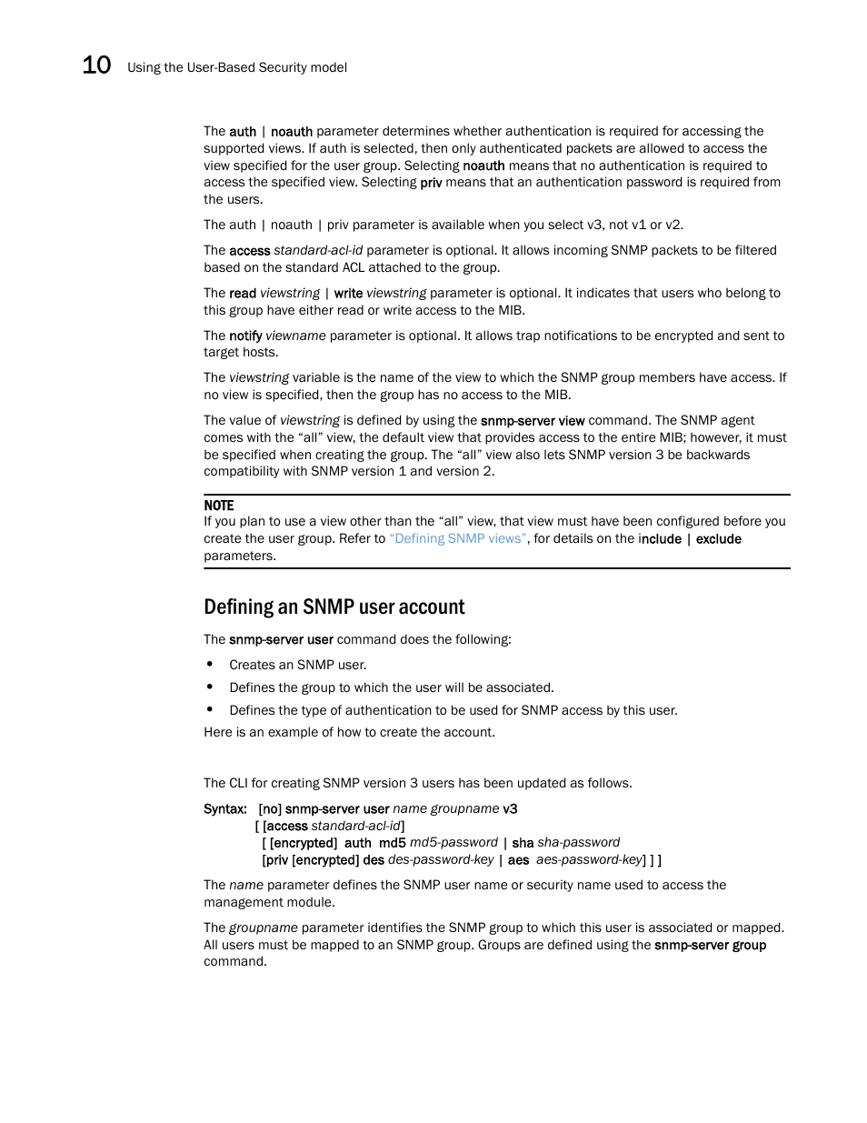 Defining an snmp user account | Brocade Multi-Service IronWare Security Configuration Guide (Supporting R05.6.00) User Manual | Page 358 / 370