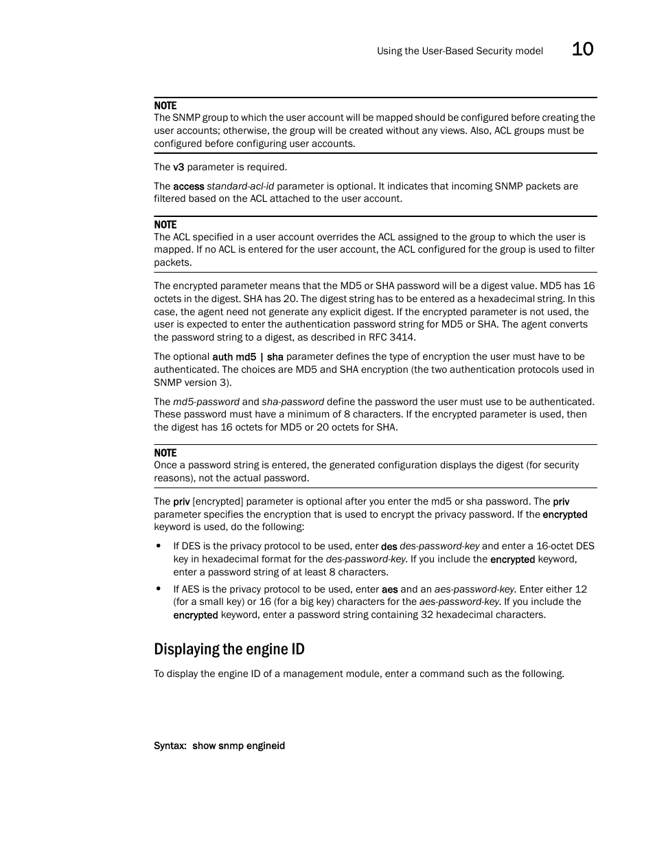 Displaying the engine id | Brocade Multi-Service IronWare Security Configuration Guide (Supporting R05.6.00) User Manual | Page 359 / 370